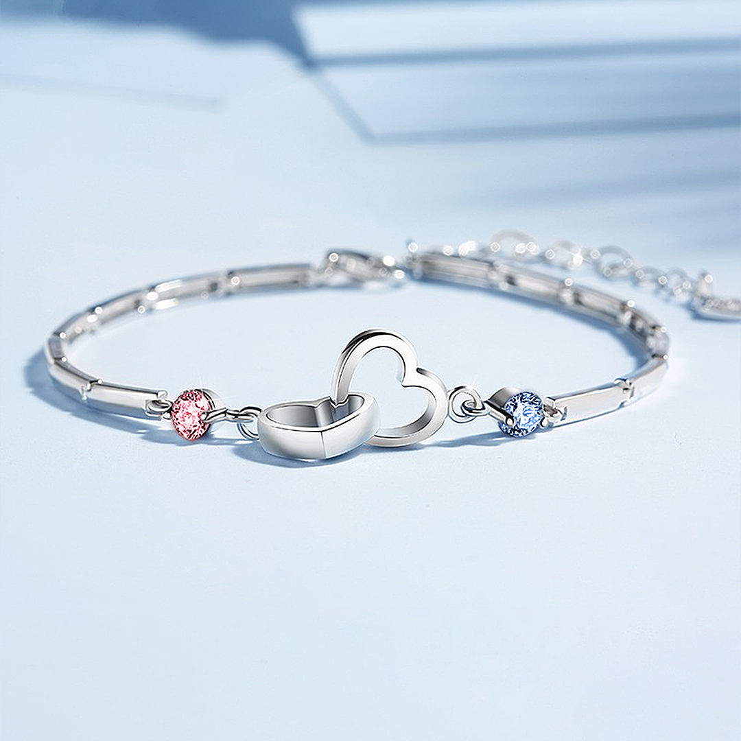 S925 Grandma & Granddaughter Forever Linked Together Birthstone Custom Double Cubic Zirconia and Heart Bracelet