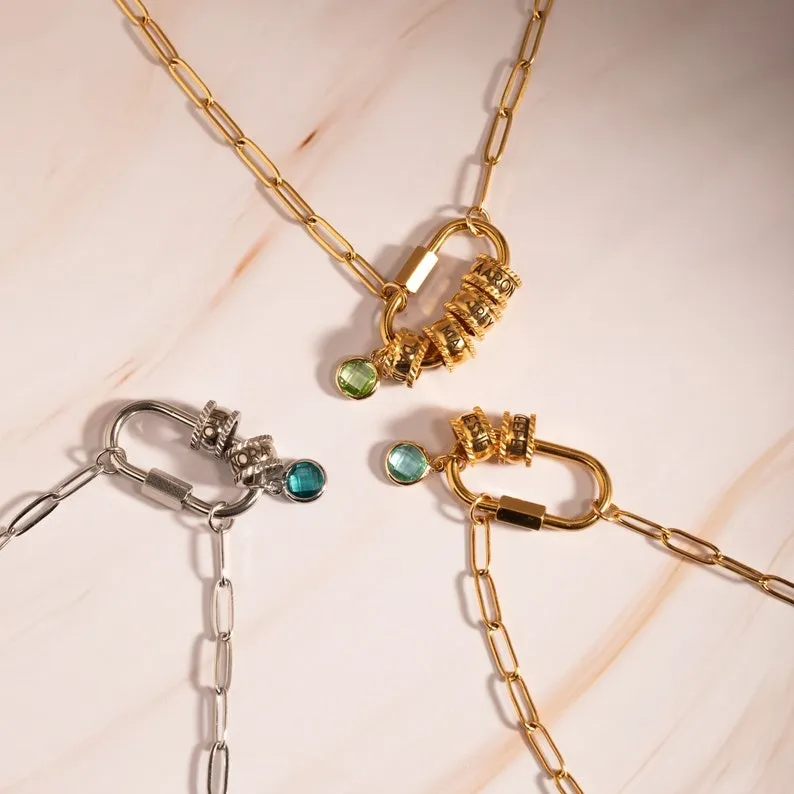 Carabiner Personalized Name Birthstone Necklace 