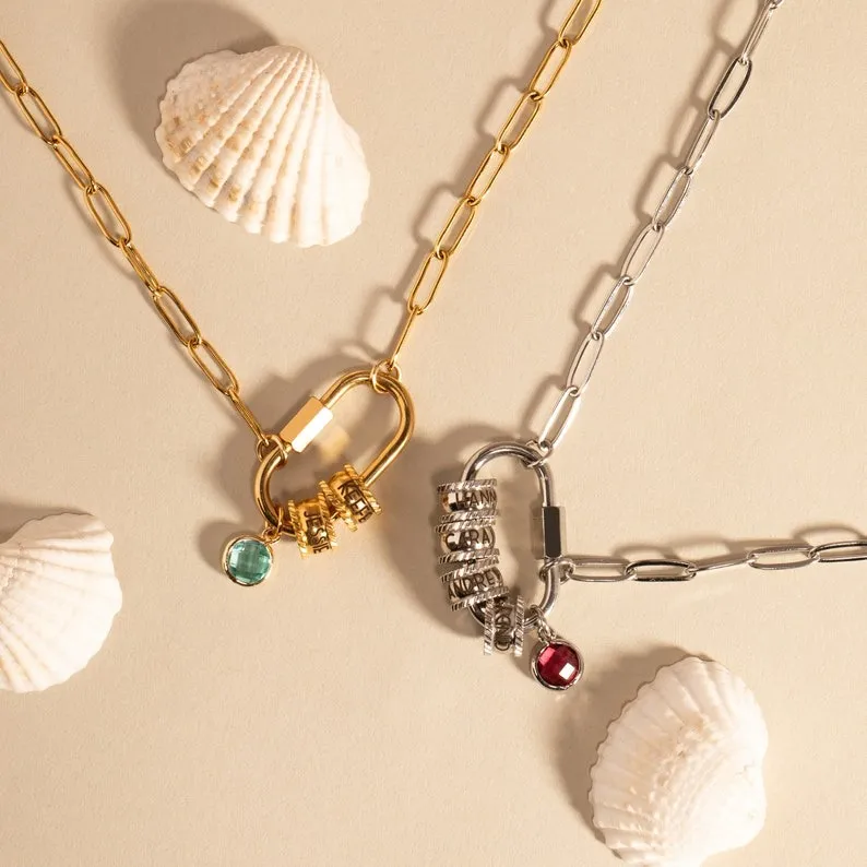 Carabiner Personalized Name Birthstone Necklace 