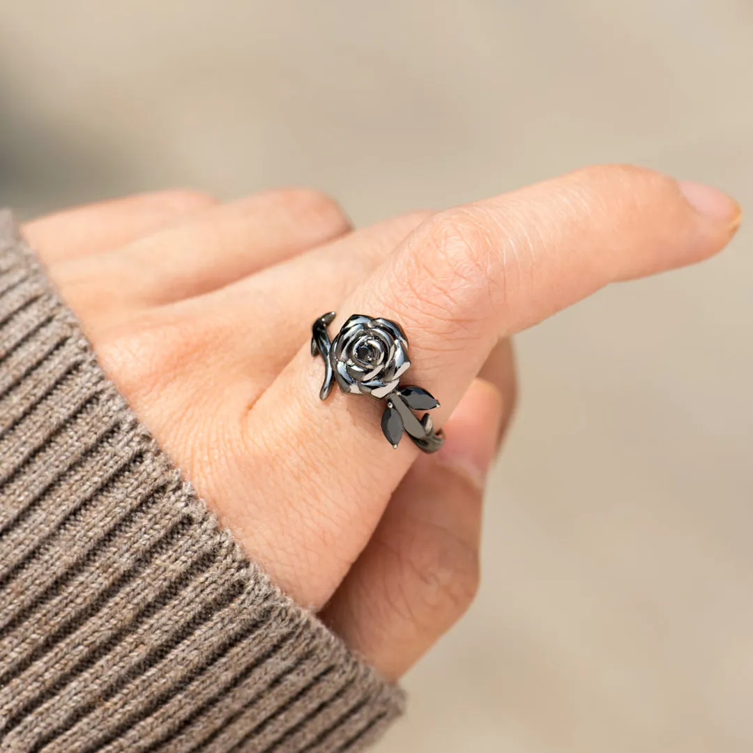 BURNED AND SURVIVED ENGRAVED BLACK ROSE RING