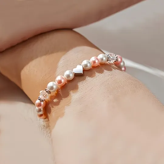 For Granddaughter- Pink and White Pearl Heart Beaded Bracelet