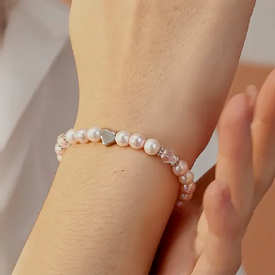 For Granddaughter- Pink and White Pearl Heart Beaded Bracelet