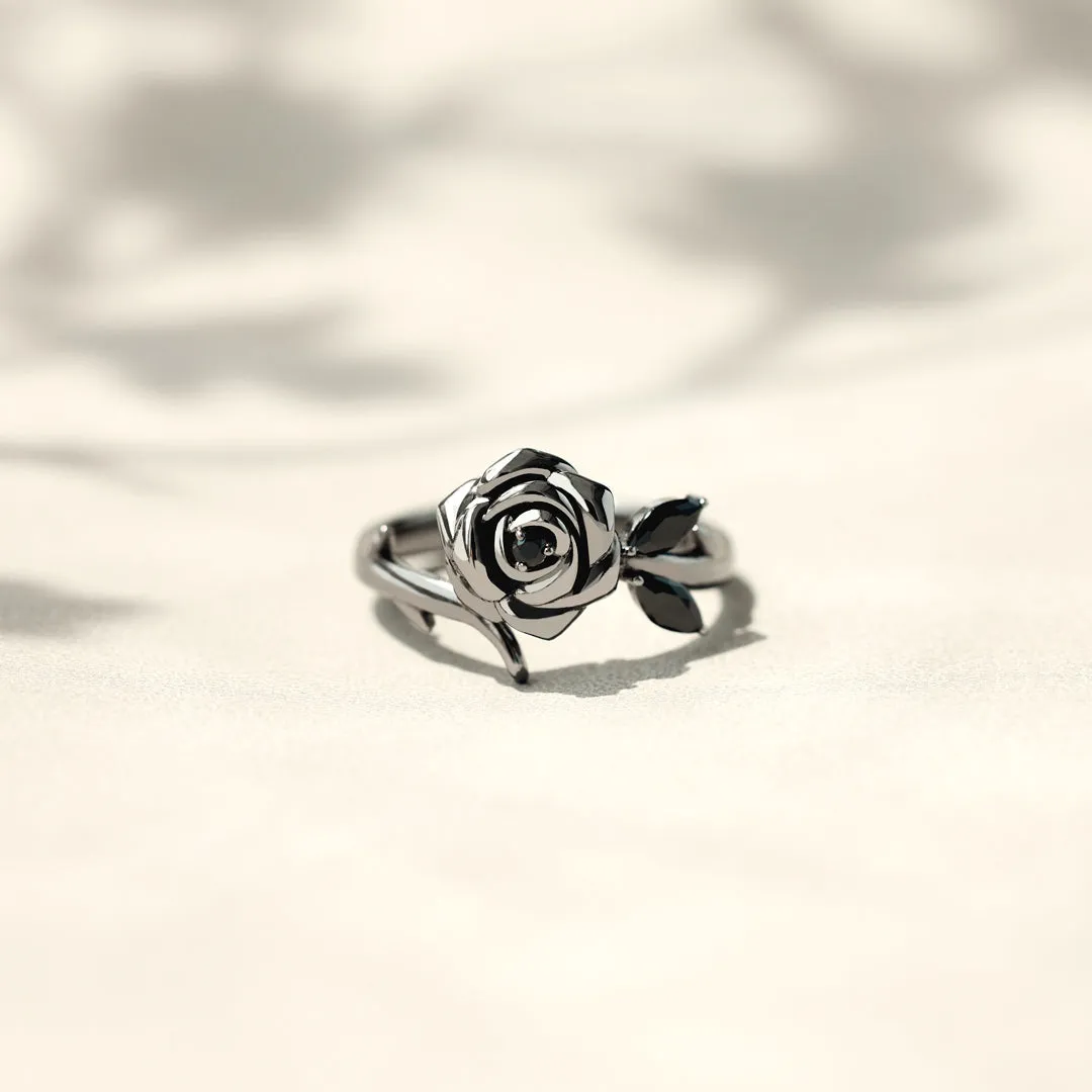 BURNED AND SURVIVED ENGRAVED BLACK ROSE RING