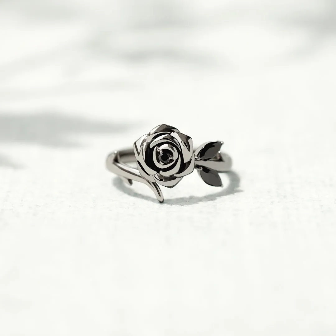 BURNED AND SURVIVED ENGRAVED BLACK ROSE RING