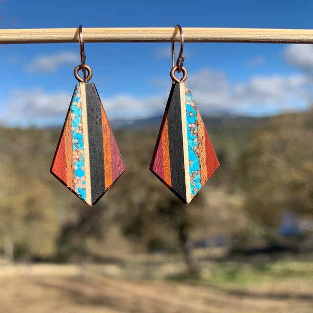 Turquoise Dangle Earrings made From Reclaimed Wood/For Environmentalists🌍