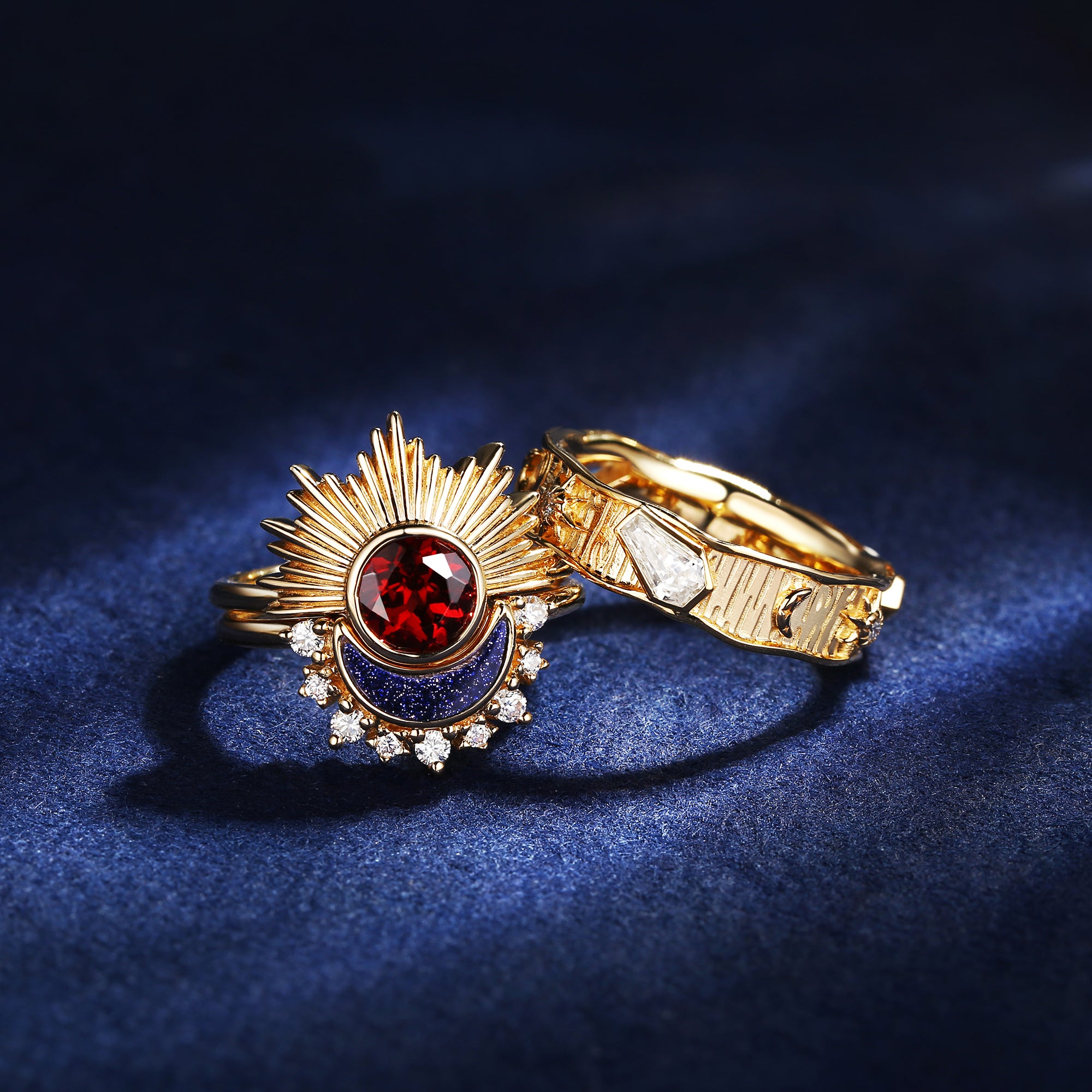 Retro Sun & Moon Engagement Ring Set