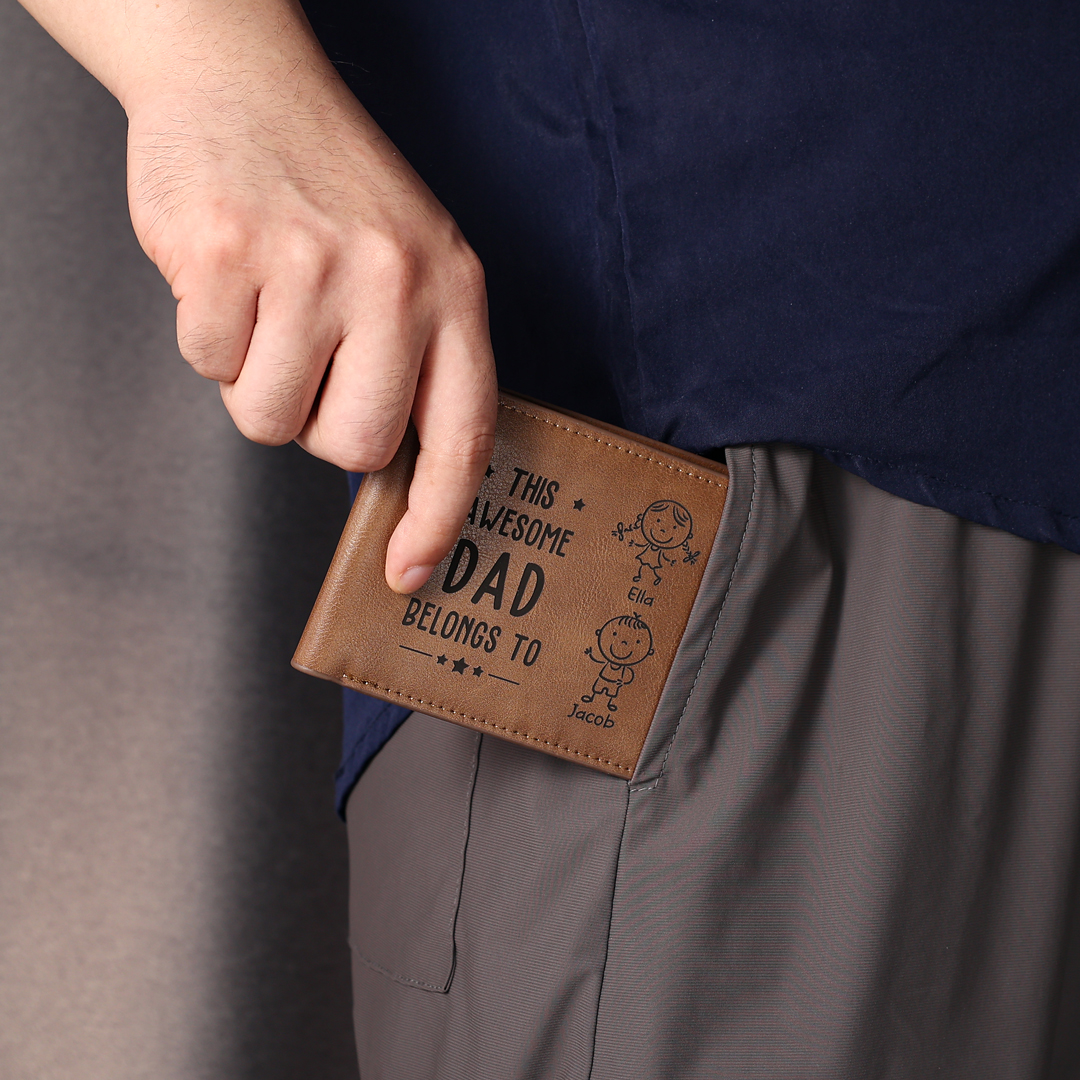 Personalized 1 Photo & 1 Name Wallet Custom Men's Leather Folding Wallet "This Awesome Dad Belongs To"