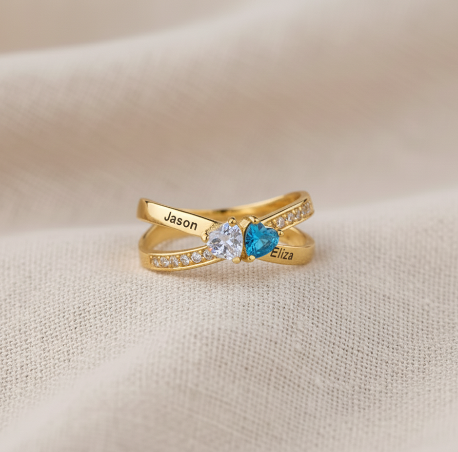 For Love - Custom Promise Two Heart Birthstone Ring