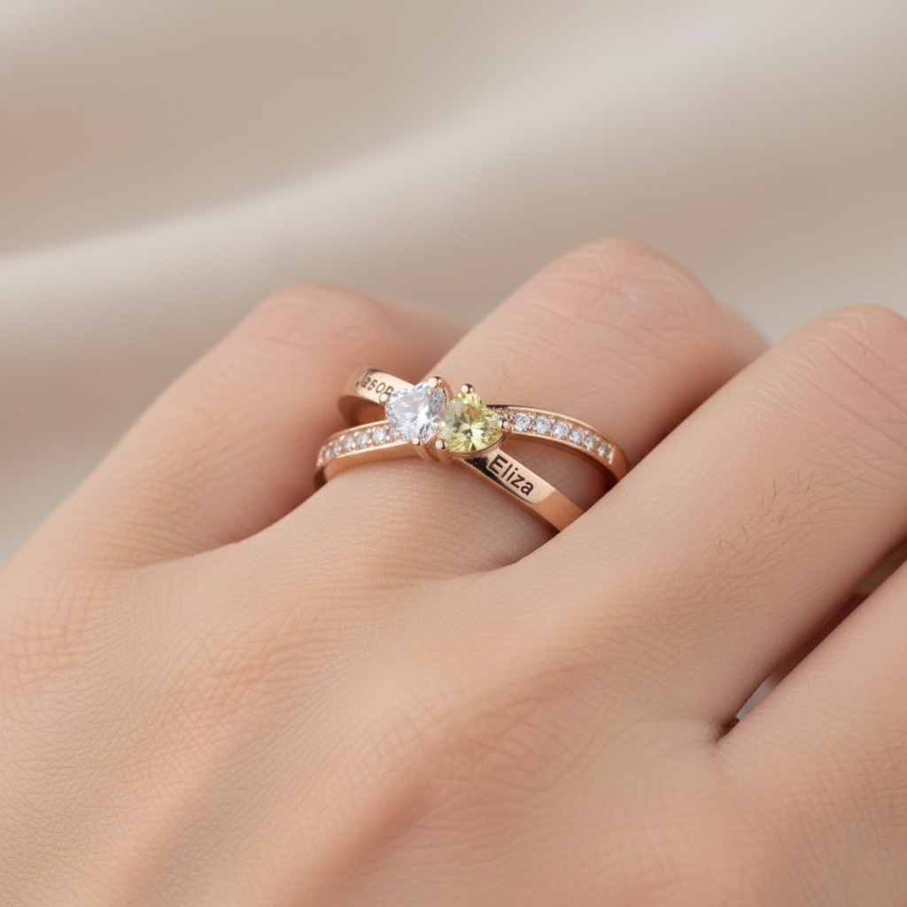For Love - Custom Promise Two Heart Birthstone Ring