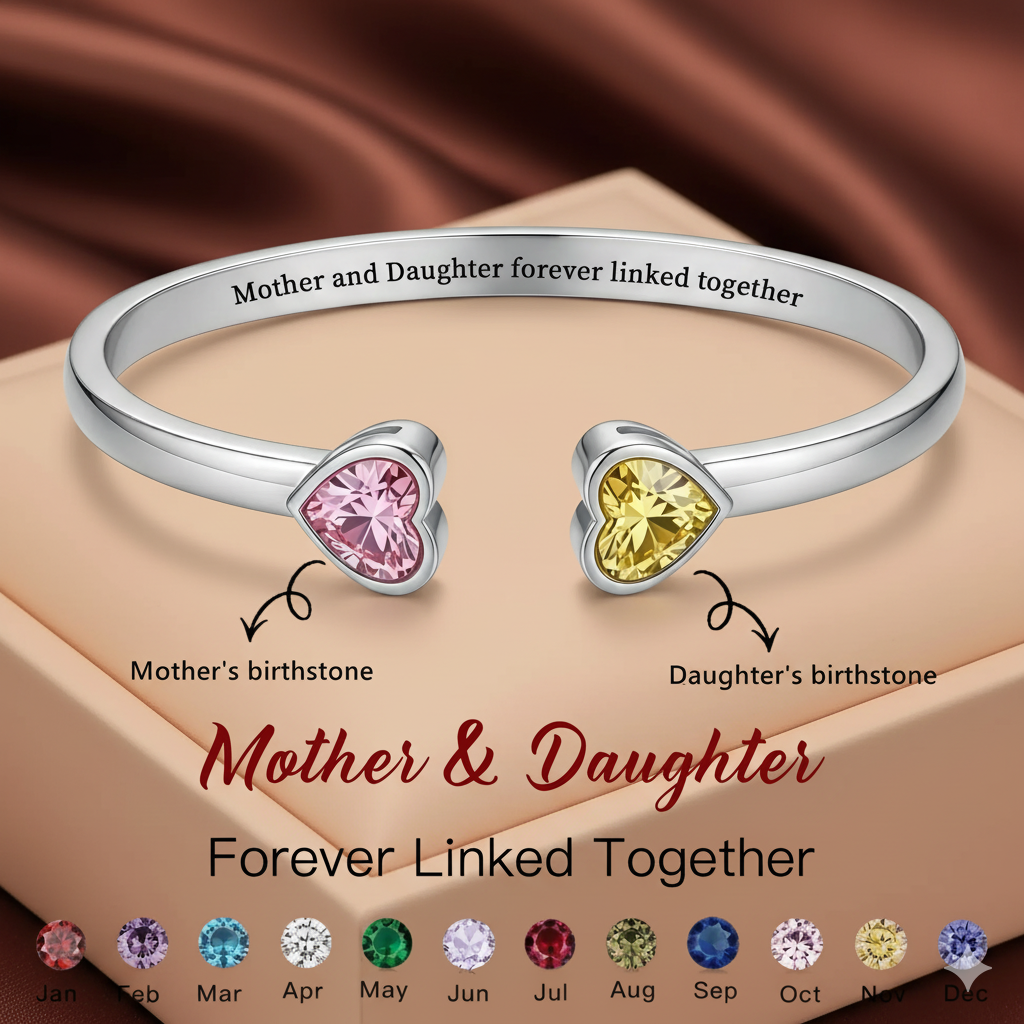 Mother&Daughter Double Heart Custom Birthstones Bracelet