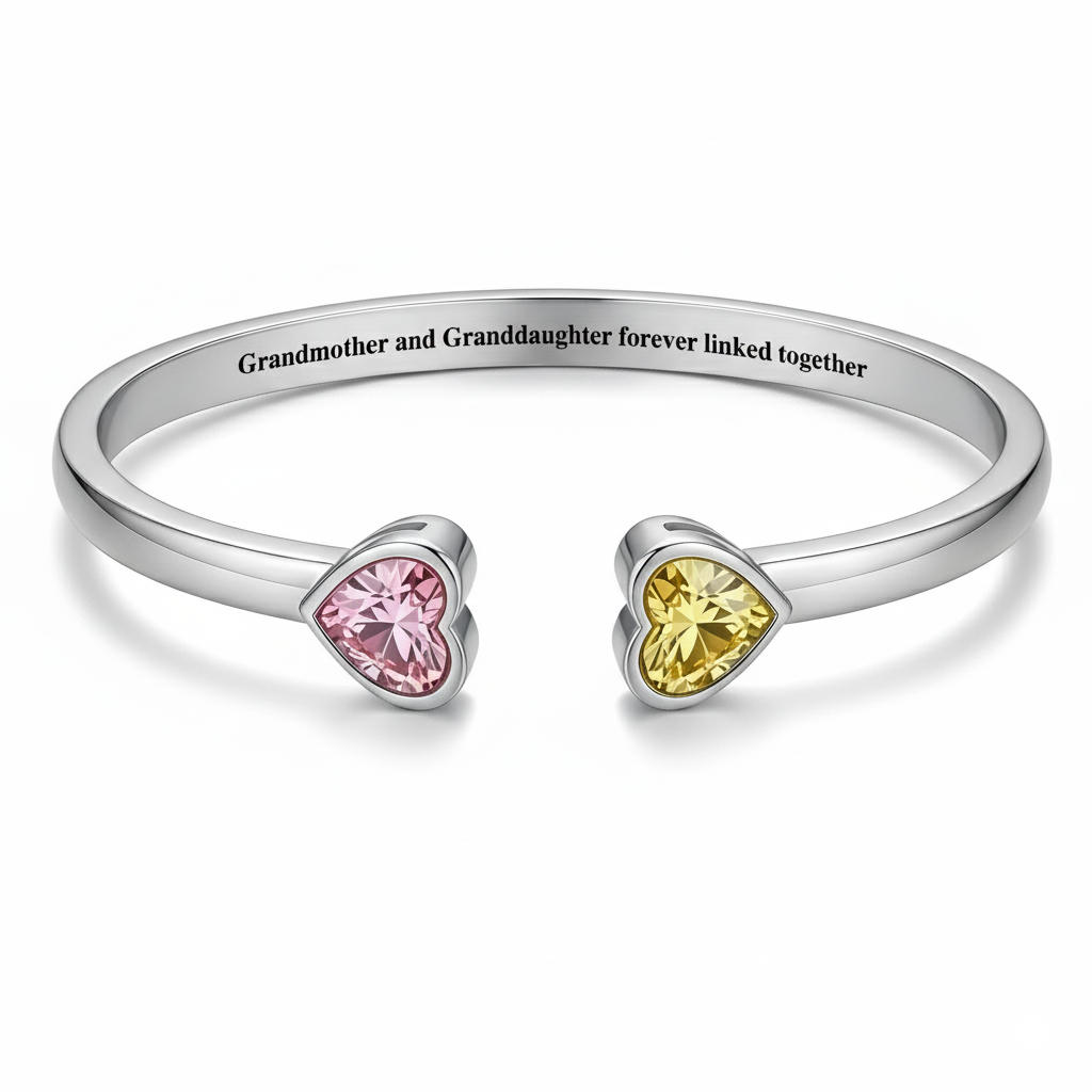 Grandmother&Granddaughter Double Heart Custom Birthstones Bracelet