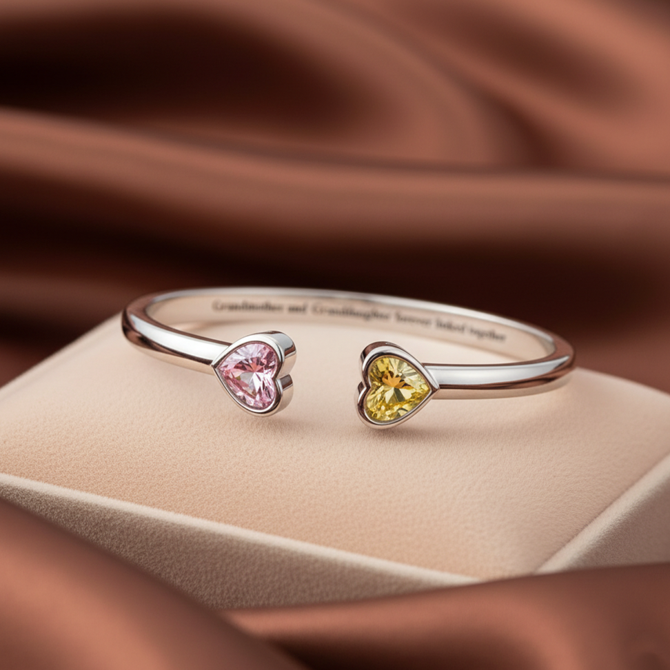 Grandmother&Granddaughter Double Heart Custom Birthstones Bracelet