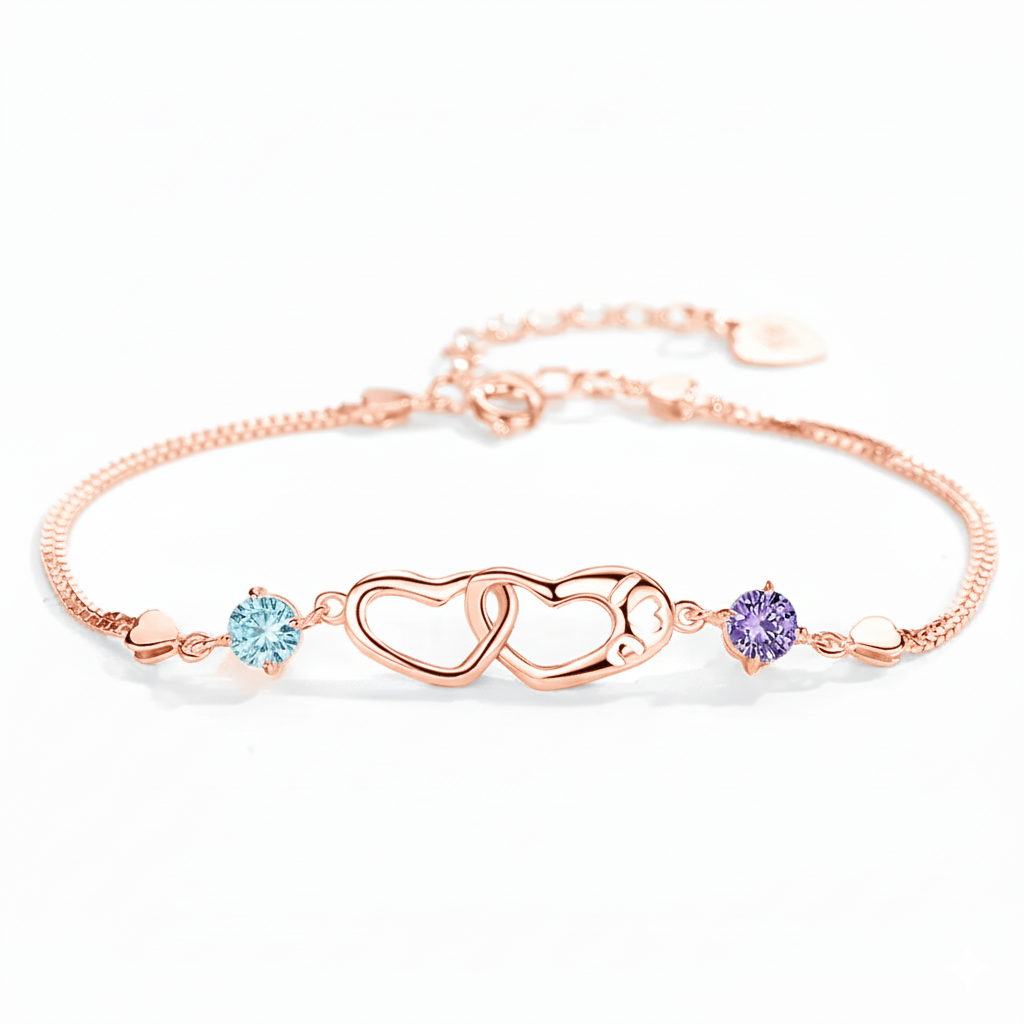 Mother And Daughter Birthstone Custom Double Heart Bracelet