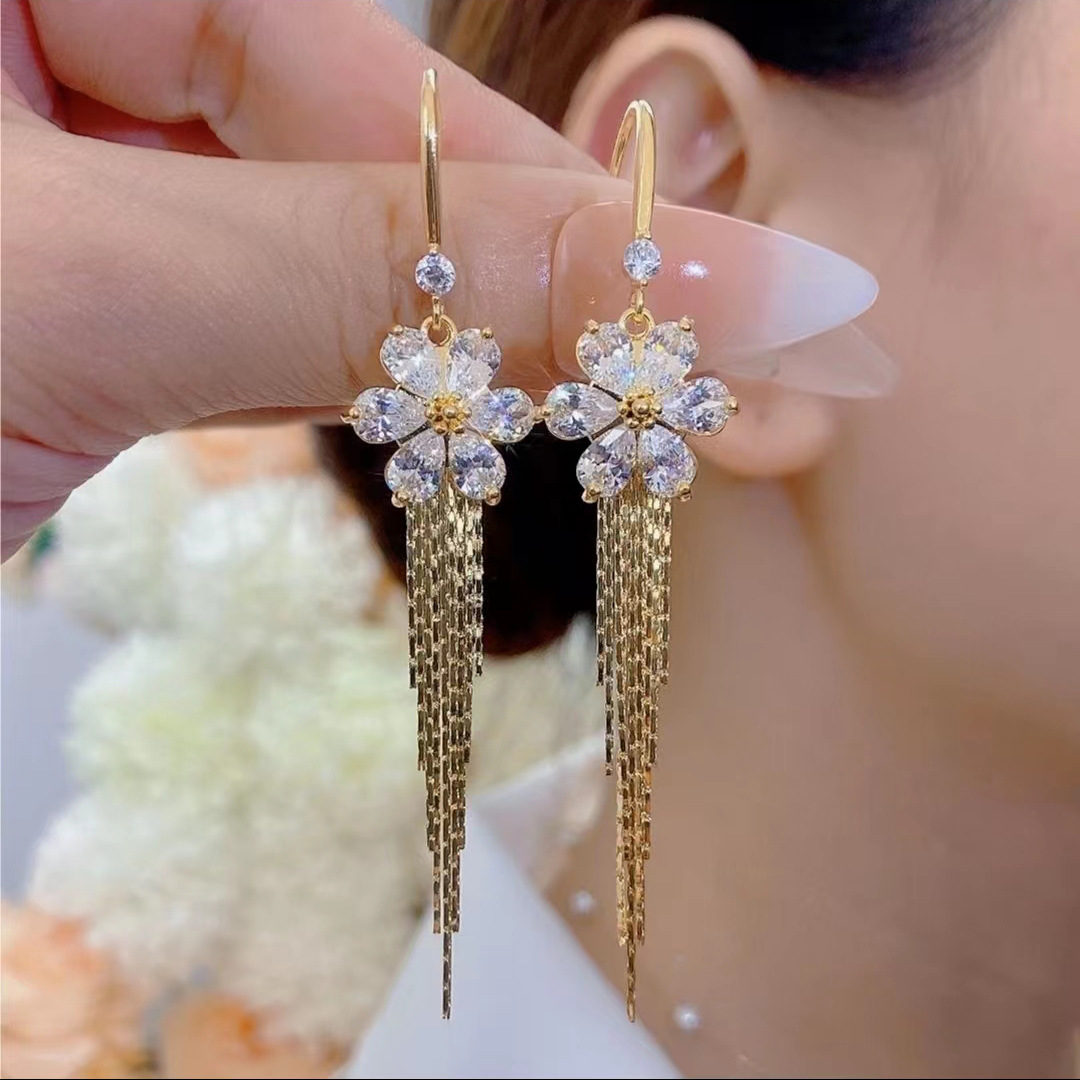 🎁CHRISTMAS PRE SALE🔥-Sparkling Zircon Flower Tassel Earrings
