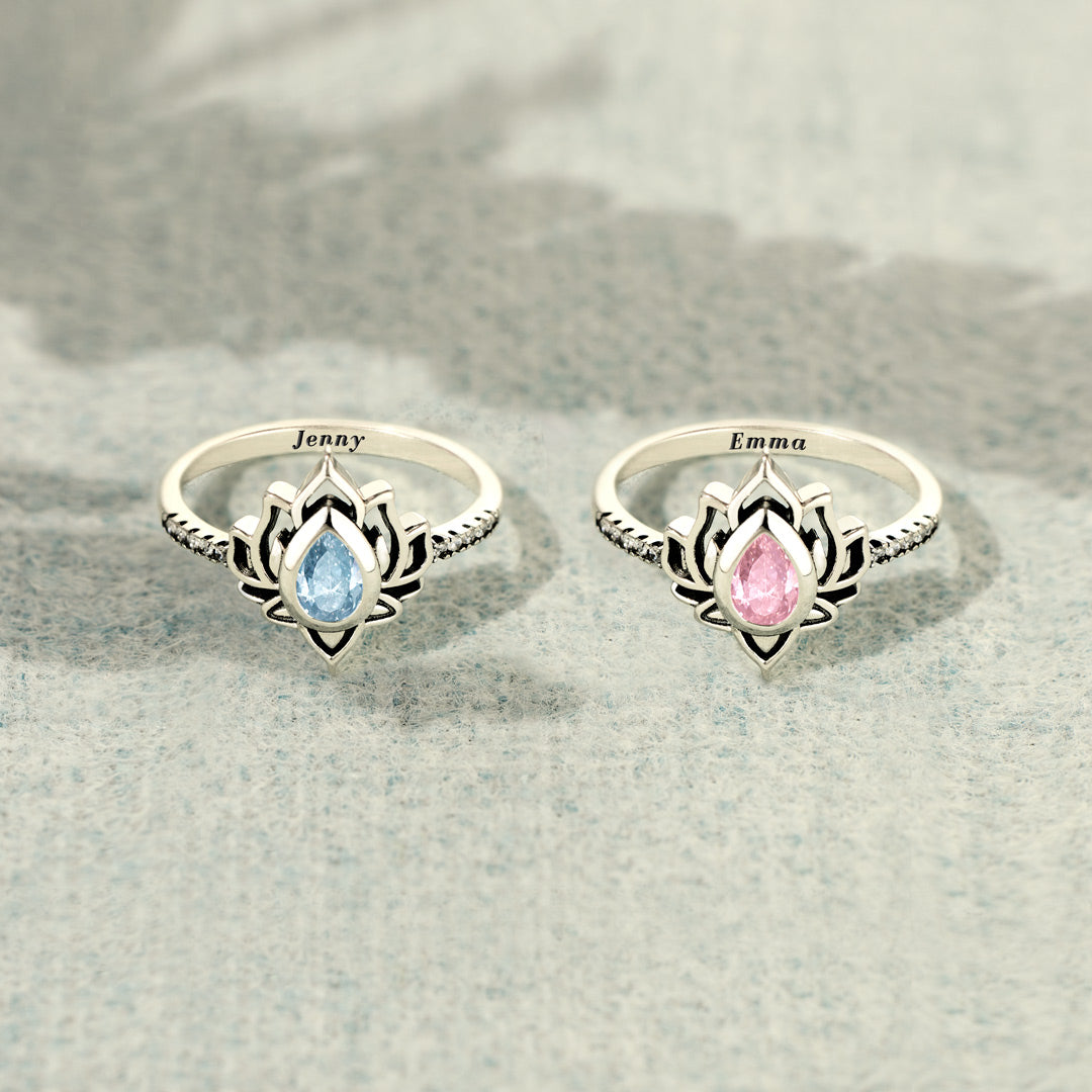 Personalized Name And Birthstone Lotus Ring