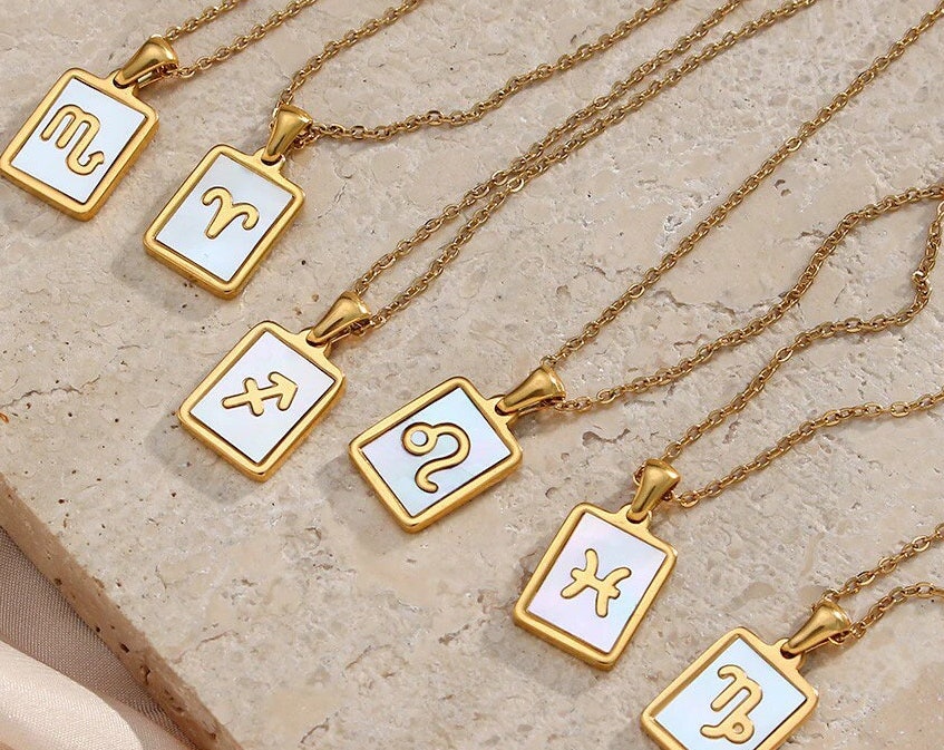 18K Gold Zodiac Necklace, Square Natural Shell Pendant Necklace-belovejewel.com