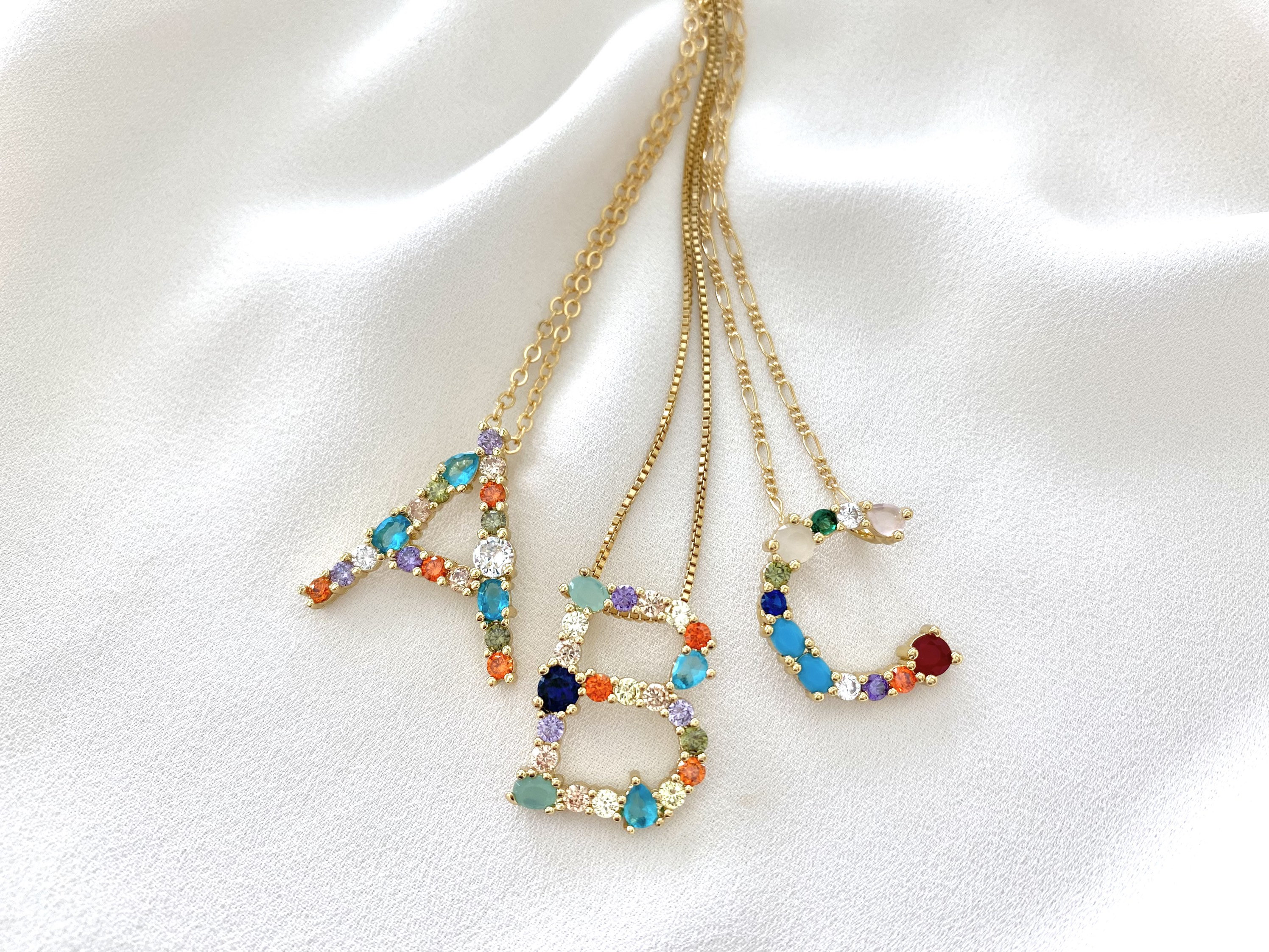 Rainbow Colored Crystal Initial Pendant Necklace