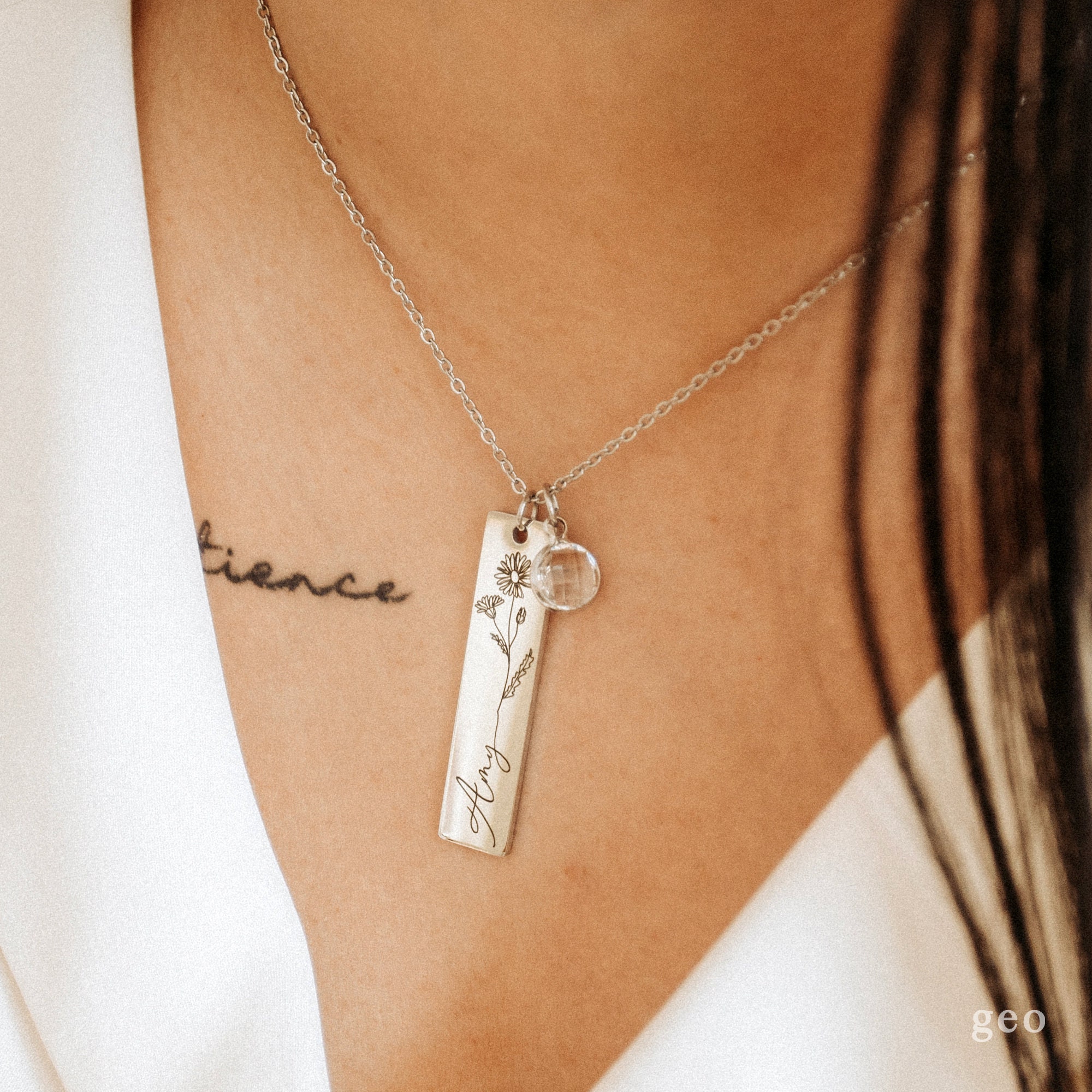 Personalized Birth Flower & Birthston Bar Pendant Name Necklace