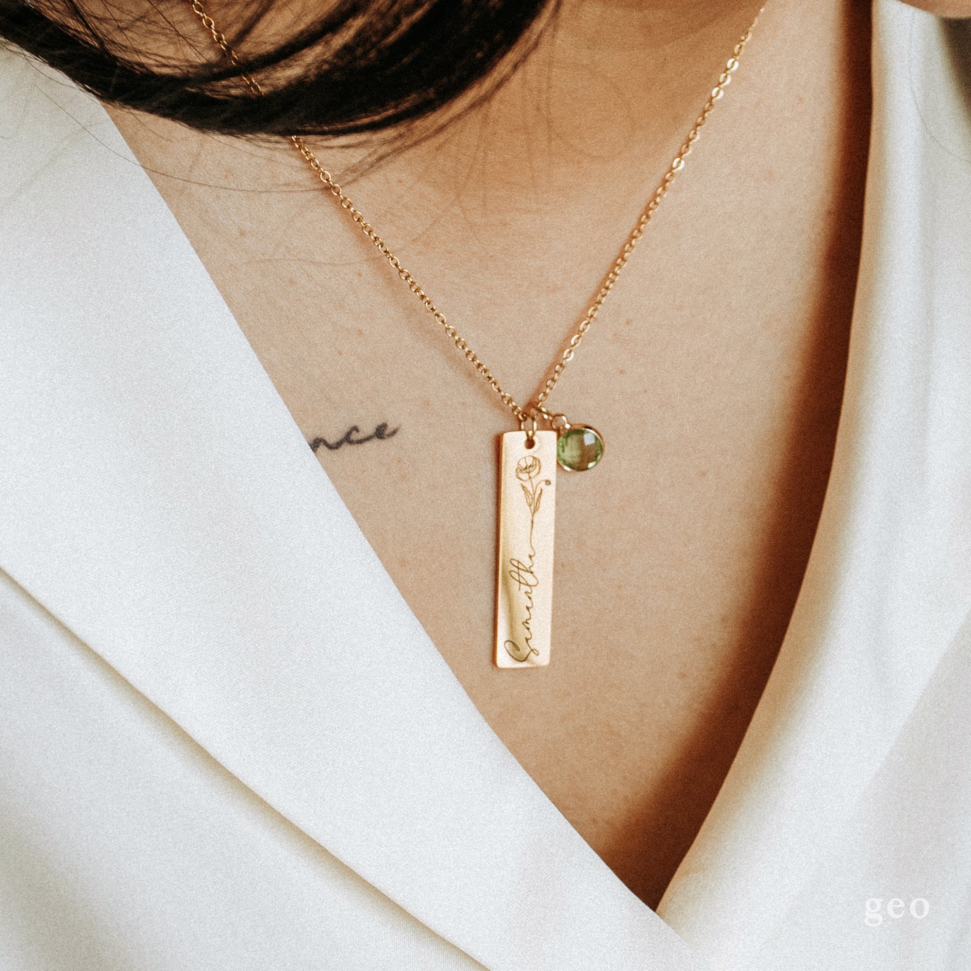 Personalized Birth Flower & Birthston Bar Pendant Name Necklace