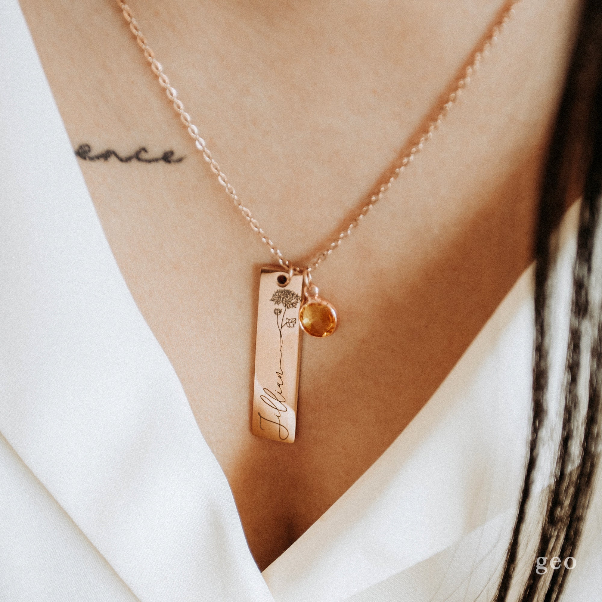 Personalized Birth Flower & Birthston Bar Pendant Name Necklace