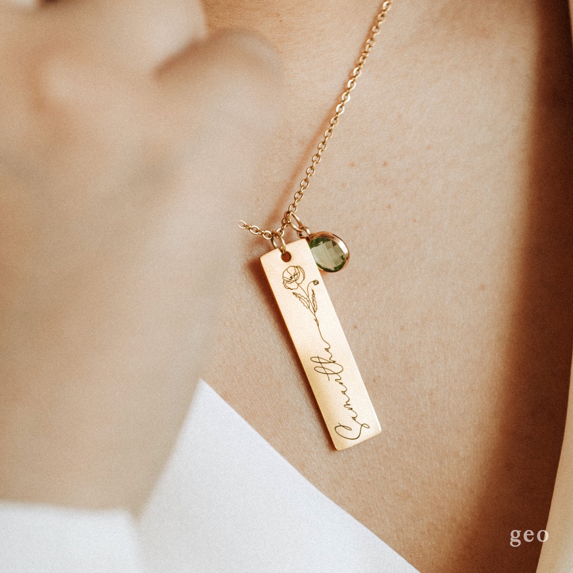 Personalized Birth Flower & Birthston Bar Pendant Name Necklace