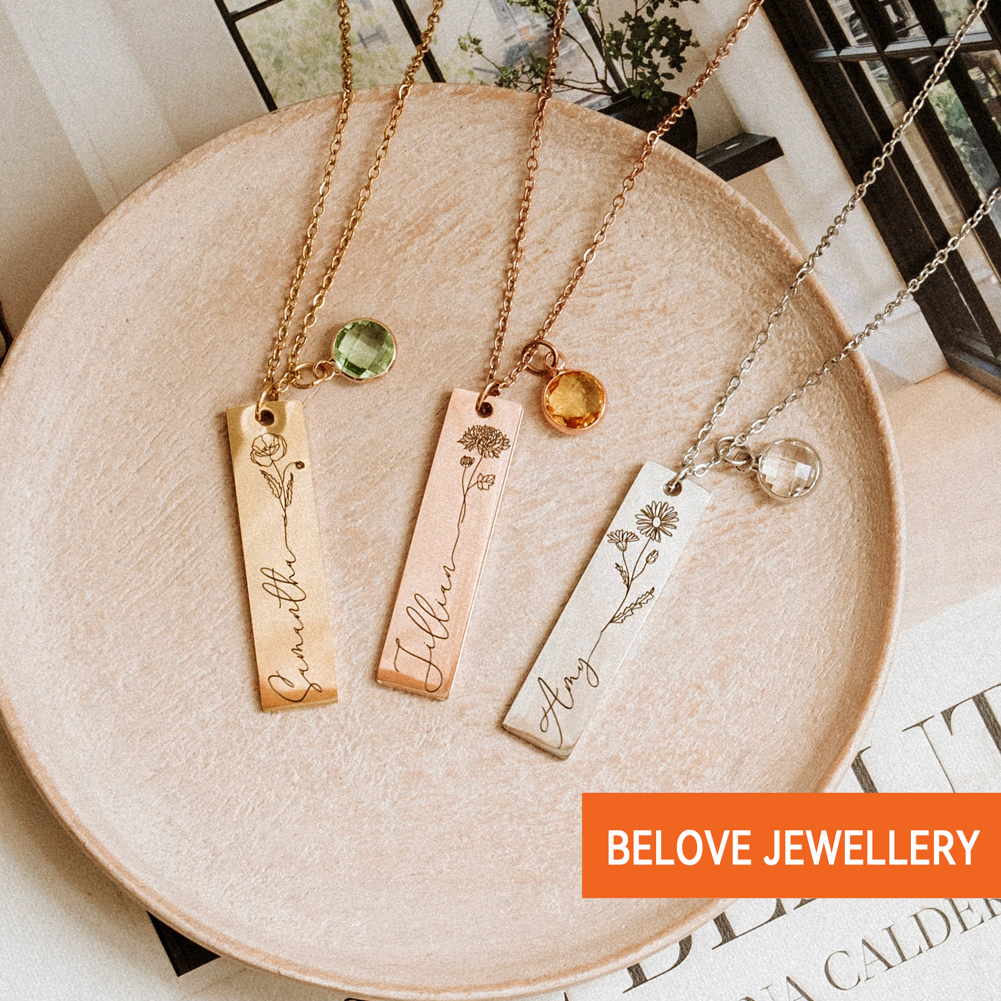 Personalized Birth Flower & Birthston Bar Pendant Name Necklace