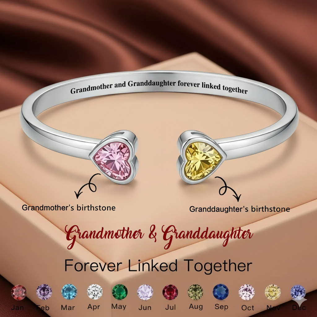Grandmother & Granddaughter Double Heart Custom Birthstones Bracelet