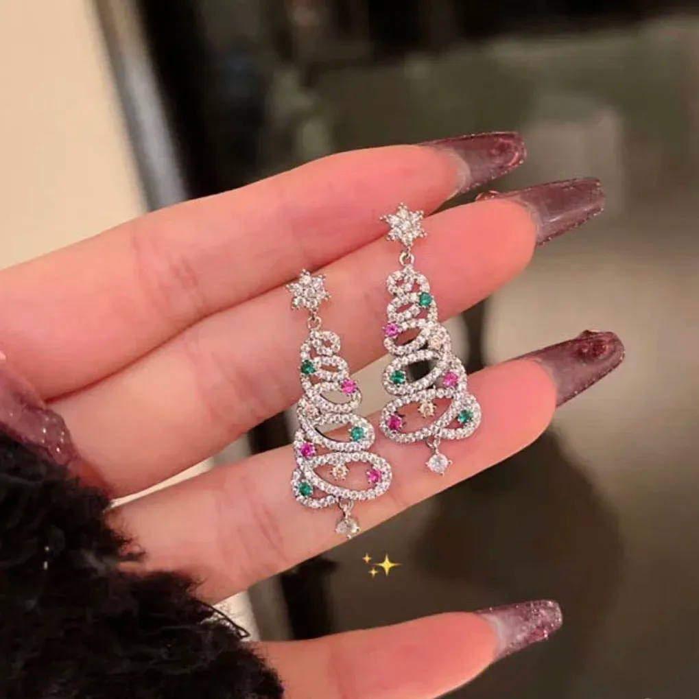  Shiny Diamond Tassel Christmas Tree Earrings