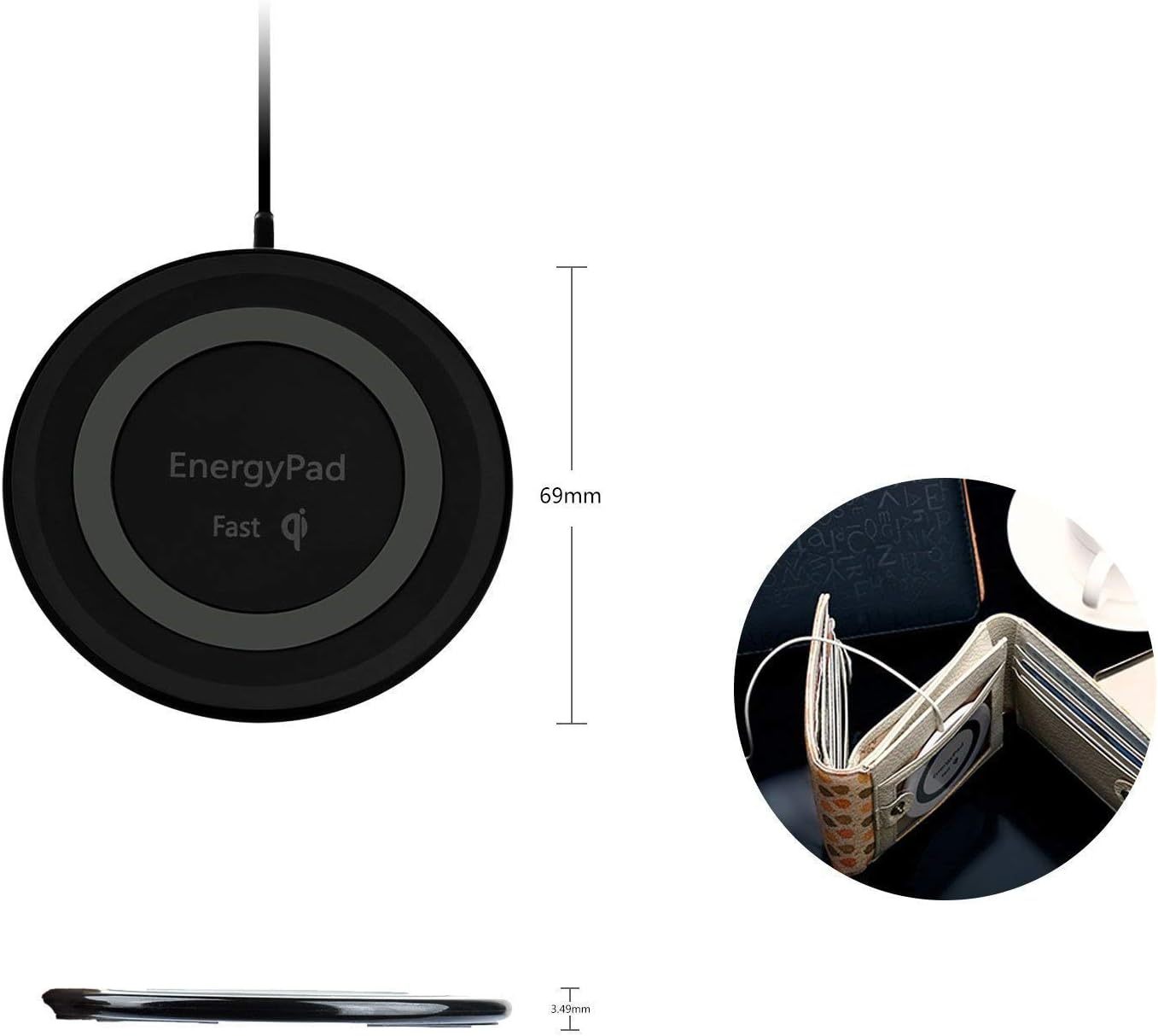 EnergyPad Wireless Phone Charger Qi-Certified Ultra Slim, Portable Wireless Charging Pad for iPhone Xs Max/XS/XR/X/8/8 Plus,Samsung Galaxy Note9/S9/S9 Plus/S8/S8 Plus/ Note8/S7 Motorola LG - Black 