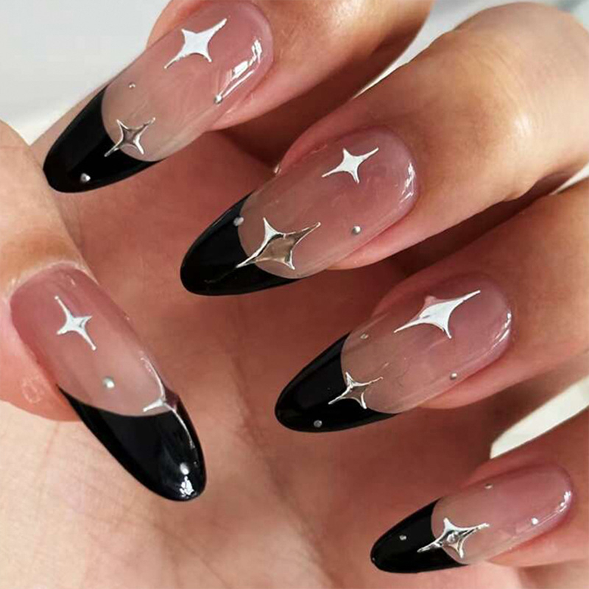 Silver Cosmos Black Nails