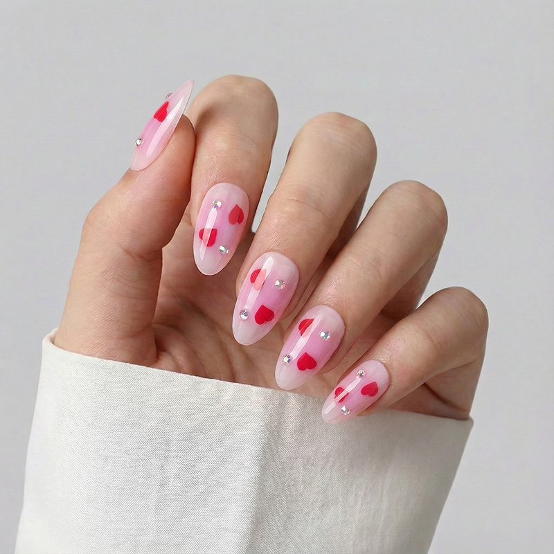 Crystal Heart Pink Nails