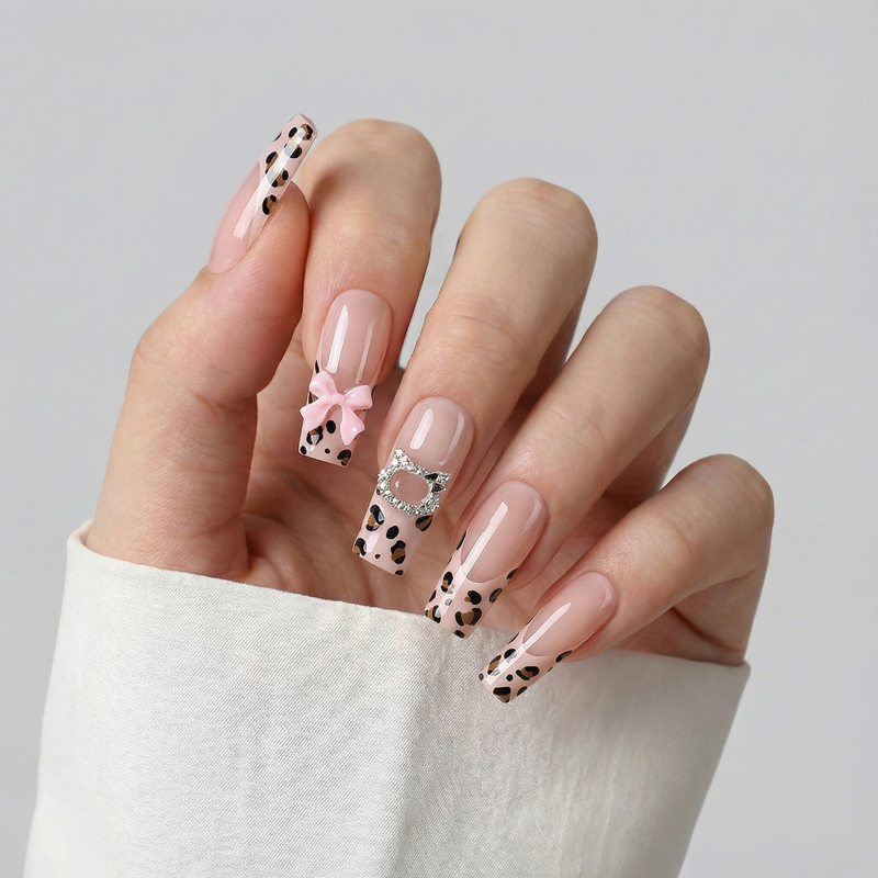 Leopard Latte Pink Nails