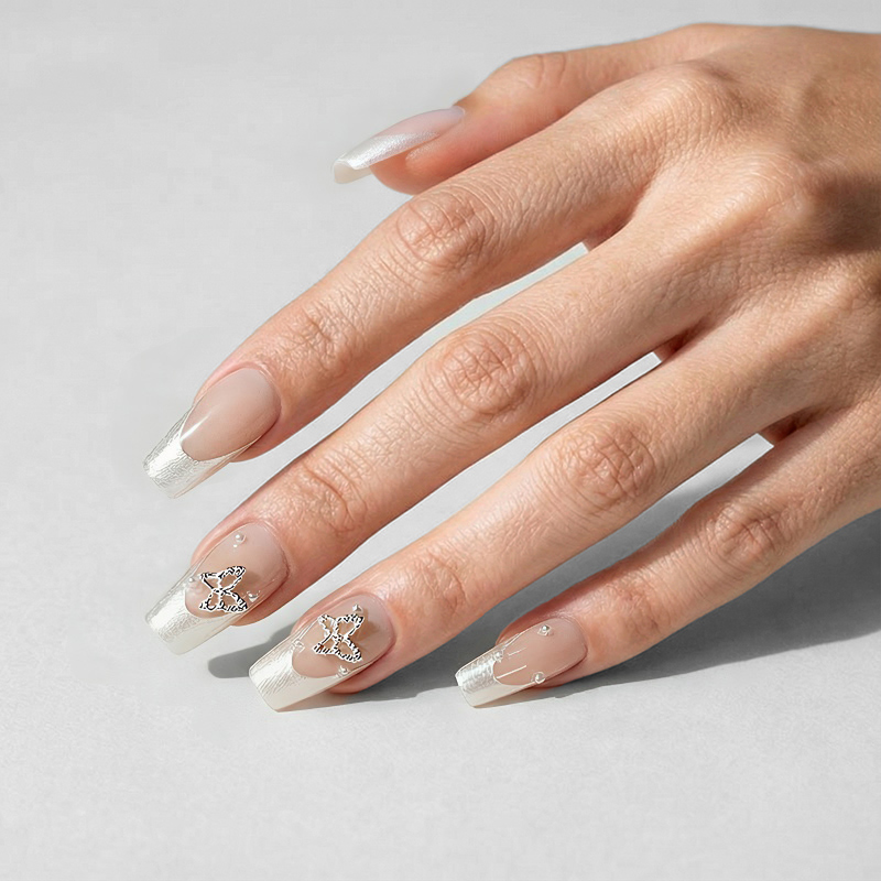 Pearl Butterfly White Nails