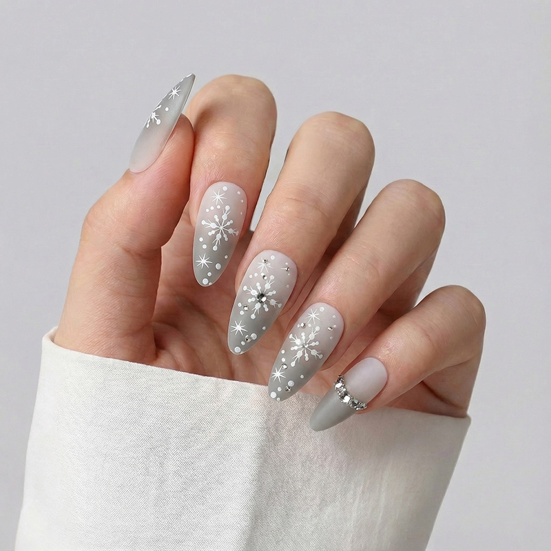 Snowflake Rhinestone Gray Nails