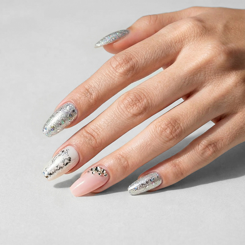 Rhinestone Glitter White Nails