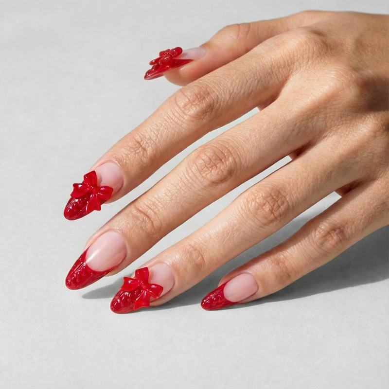 Bow Pure Red Nails
