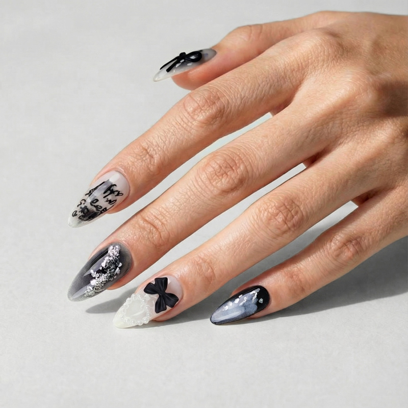 Bow Black Nails