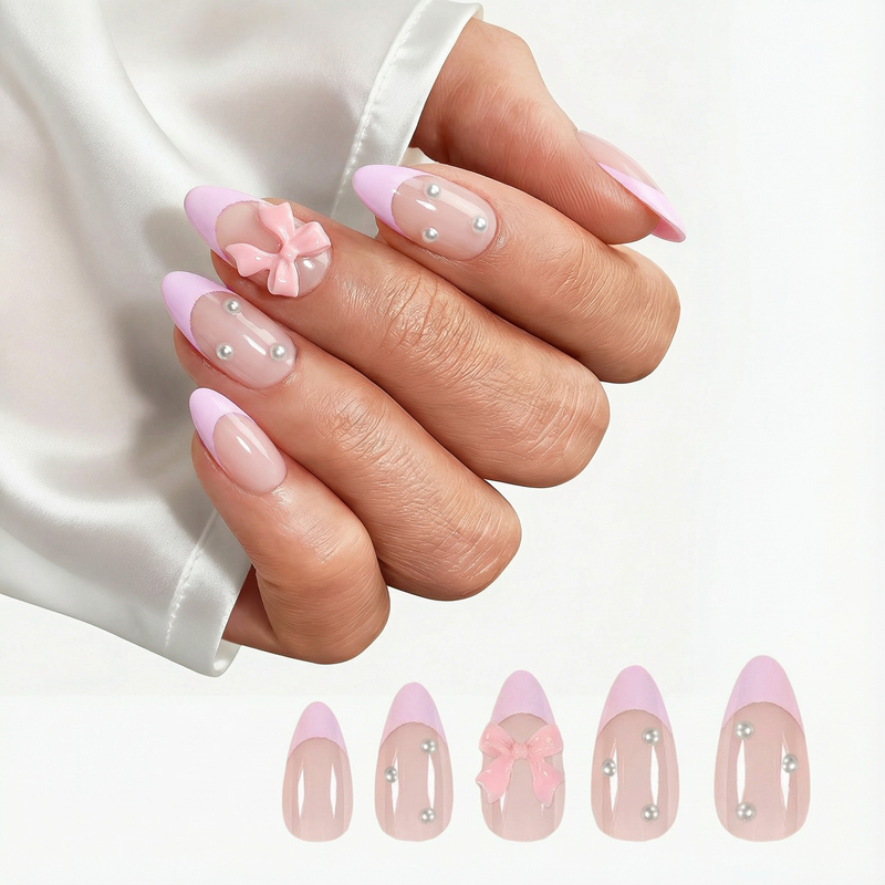 Pearl Bow Pink Nails