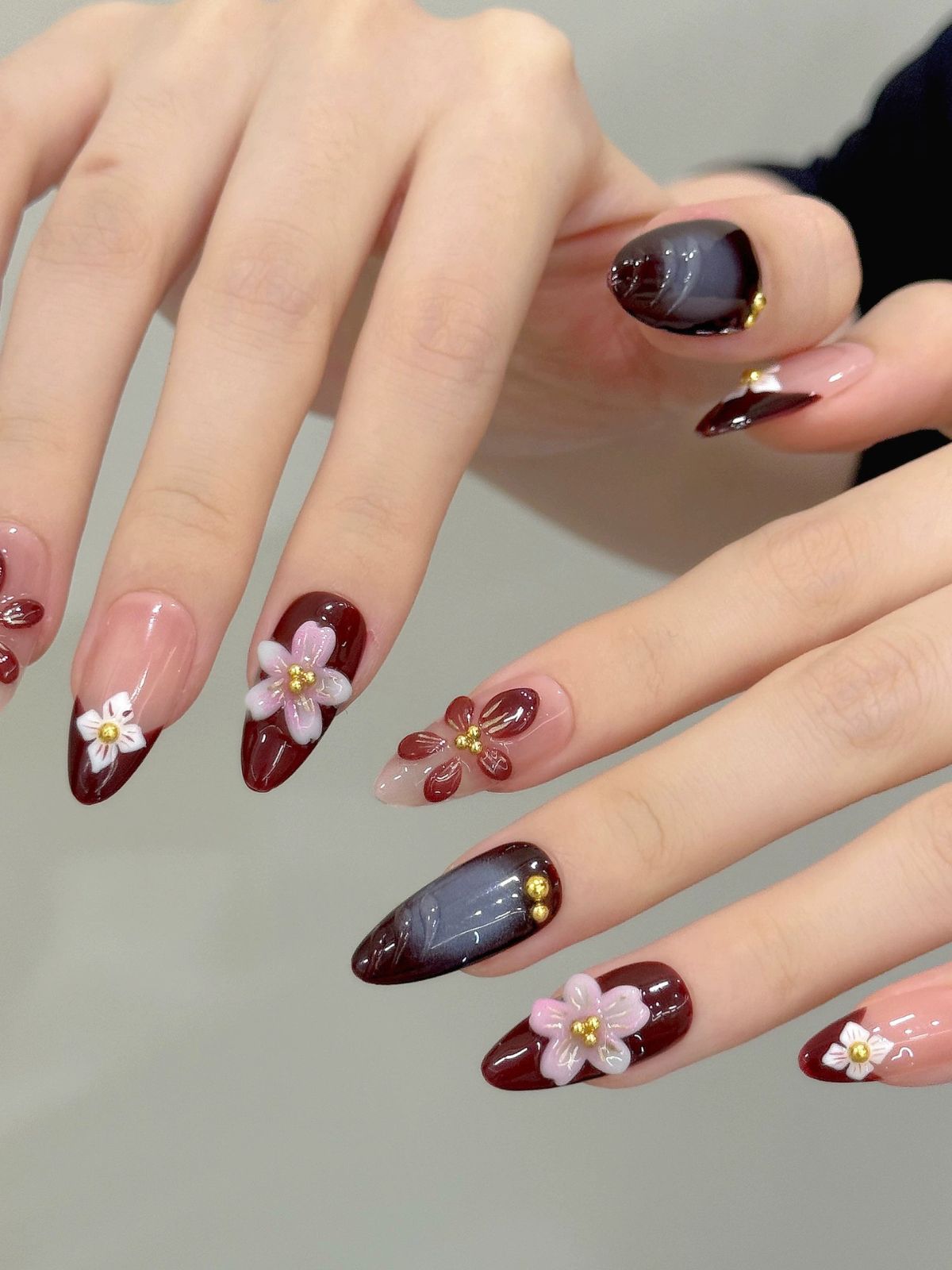 Floral Fire Red Nails