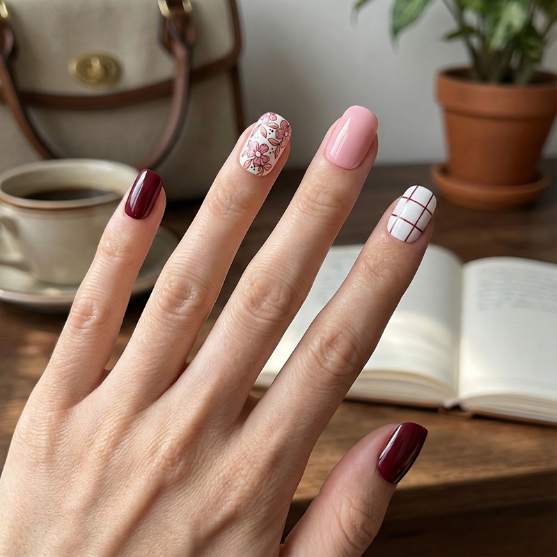 Floral Grid Multicolor Nails