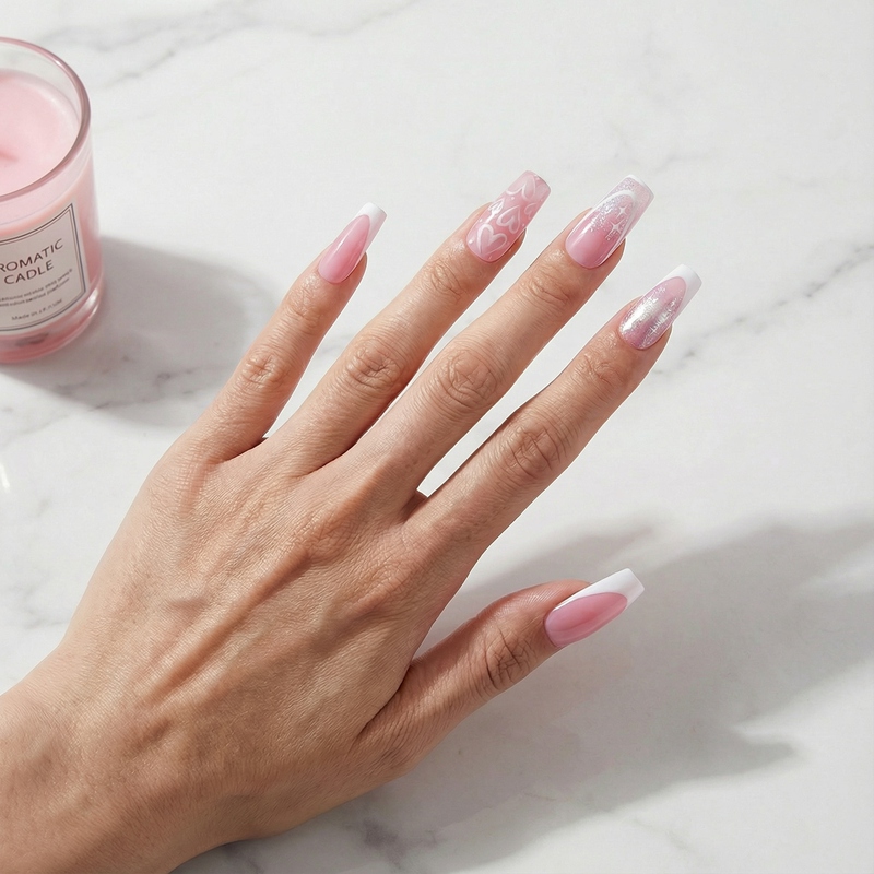 Glitter Heart Pink Nails