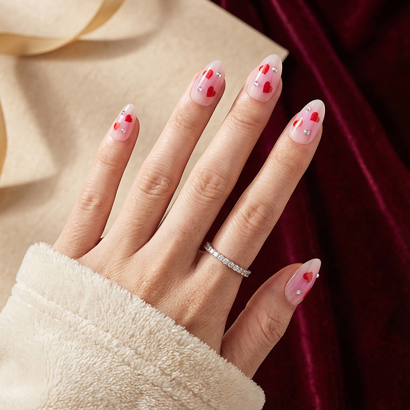 Crystal Heart Pink Nails