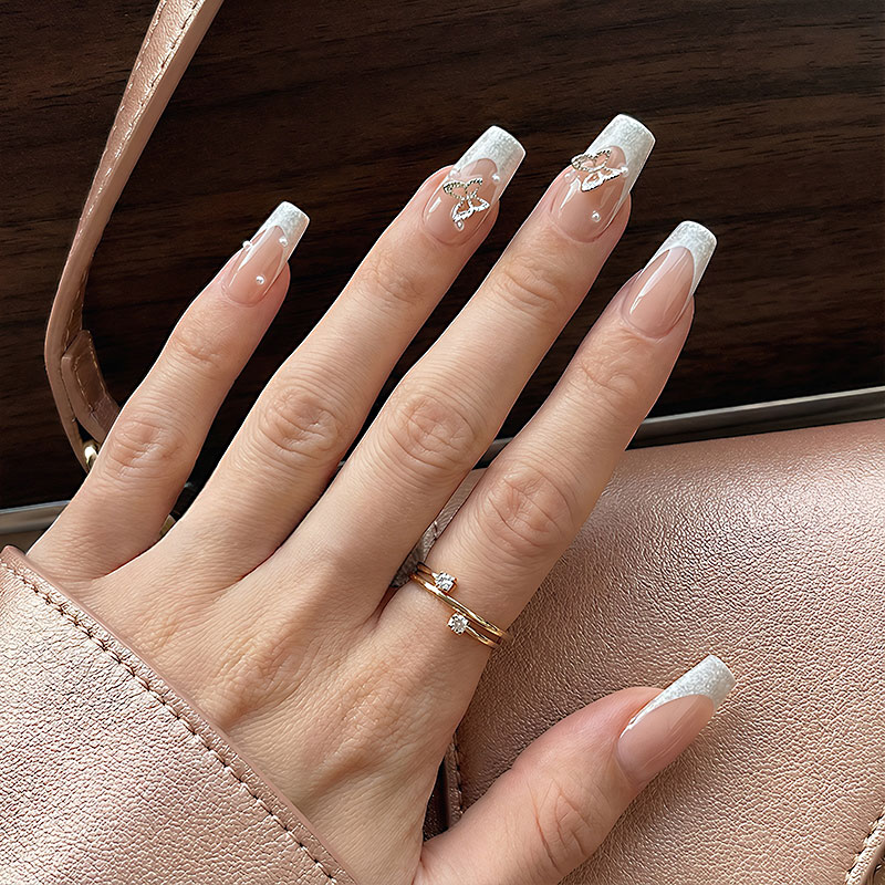 Pearl Butterfly White Nails