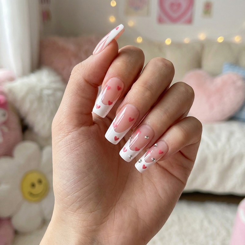 Heart Jewel White Nails