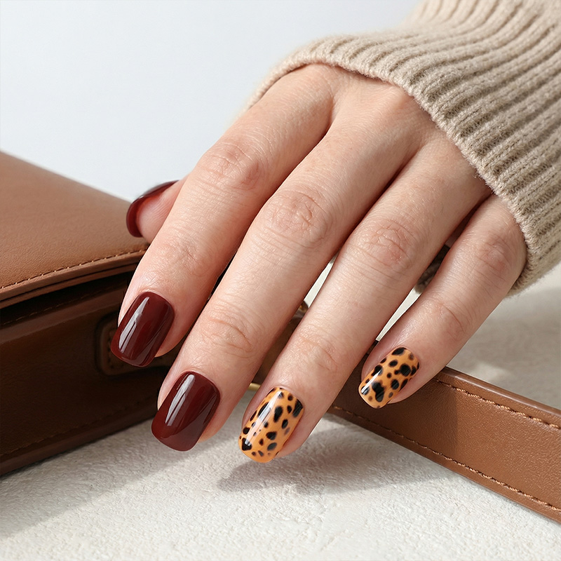 Maillard Leopard Wine Red Nails
