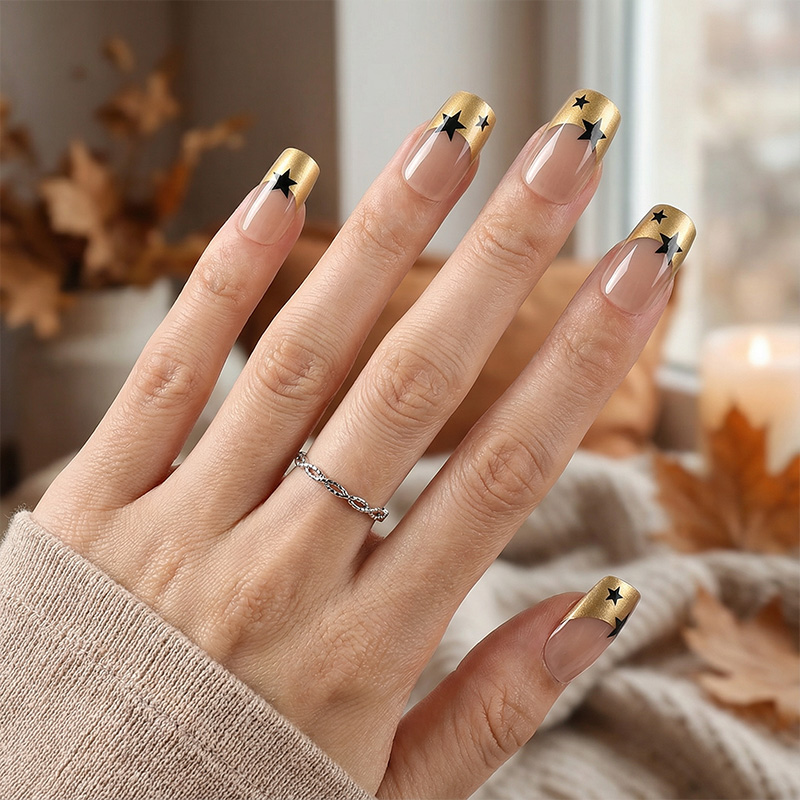 Black Stars Gold Nails