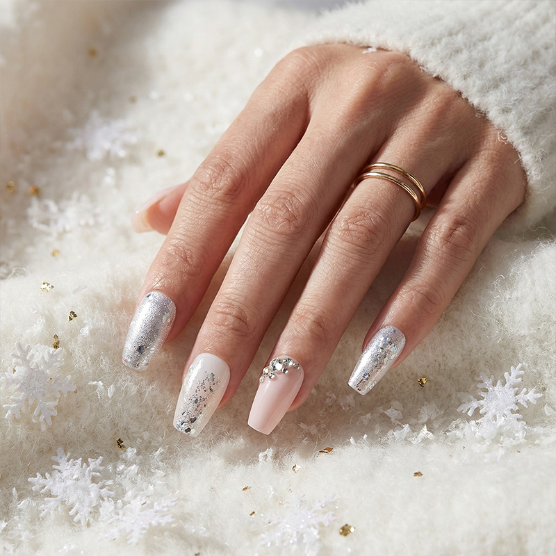 Rhinestone Glitter White Nails