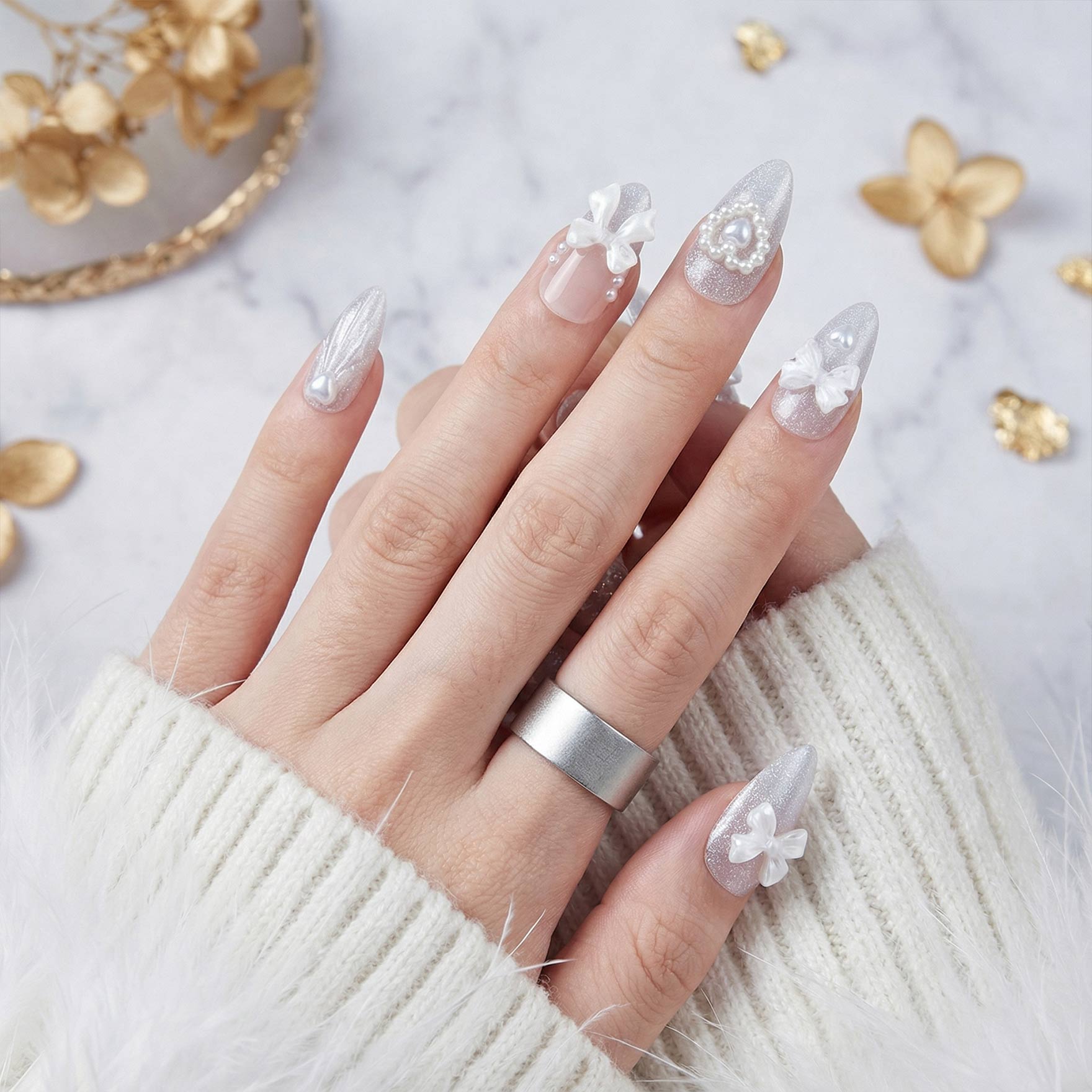 Diamond Bow Silver Nails