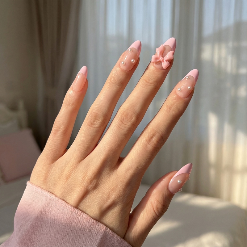 Pearl Bow Pink Nails