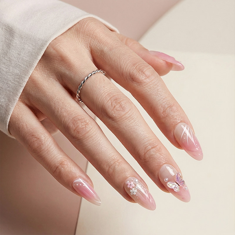 Crystal Wings Pink Nails